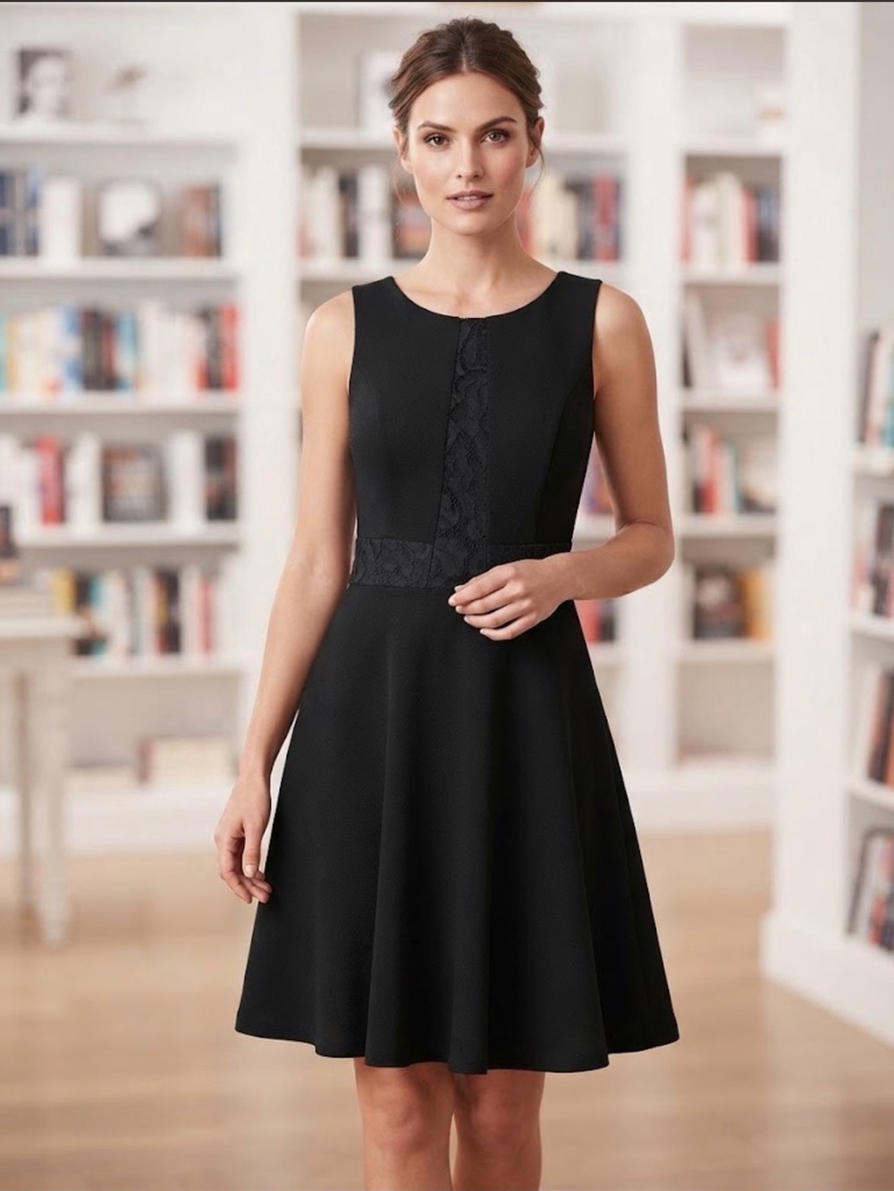 BCBGeneration Black Sleeveless Lace-Panel Fit & Flare Midi Dress